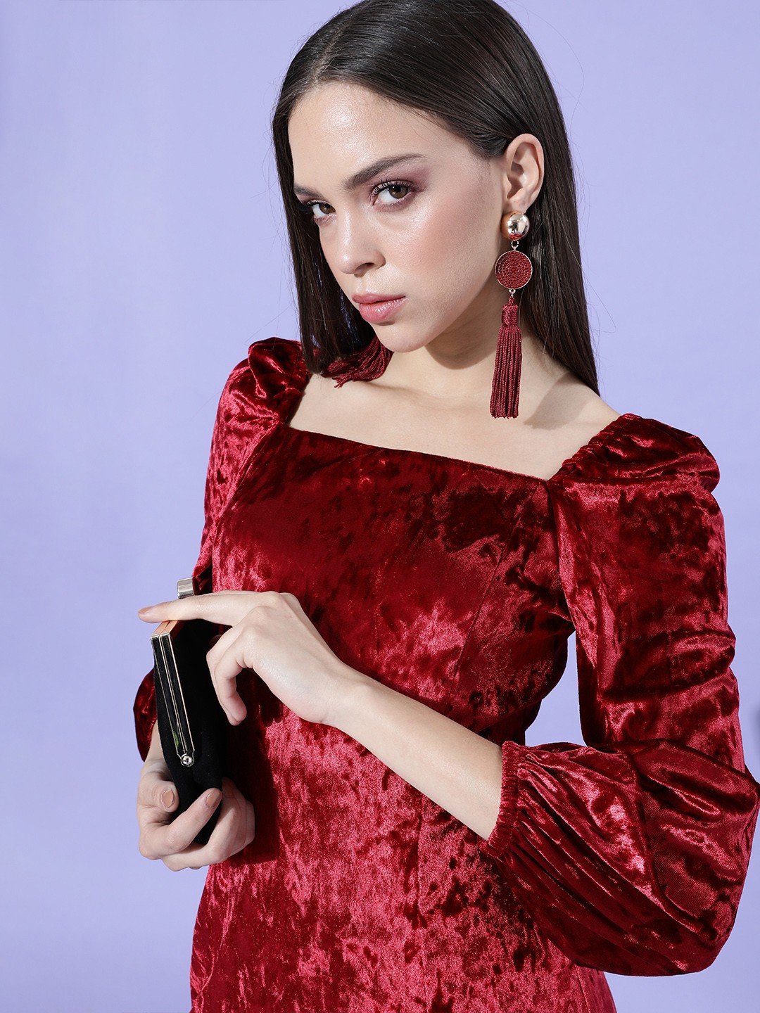 

Marie Claire Women Charming Maroon Solid Velvet Dress