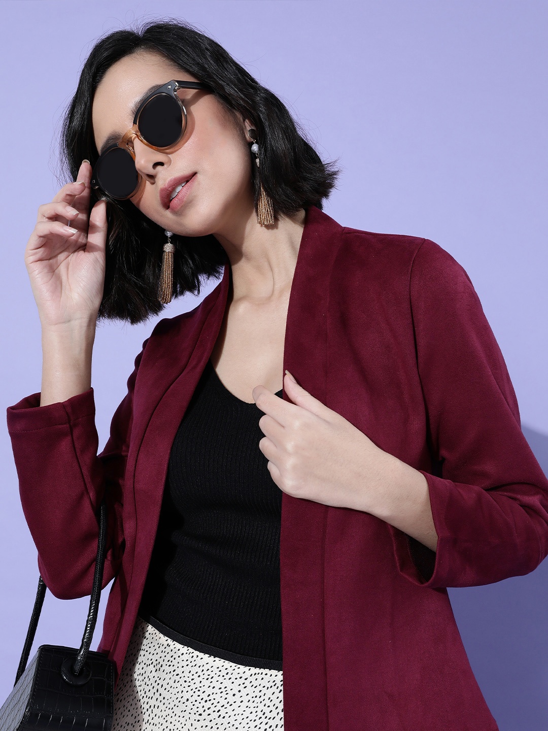 

Marie Claire Women Deep Burgundy Solid Suede Shrug