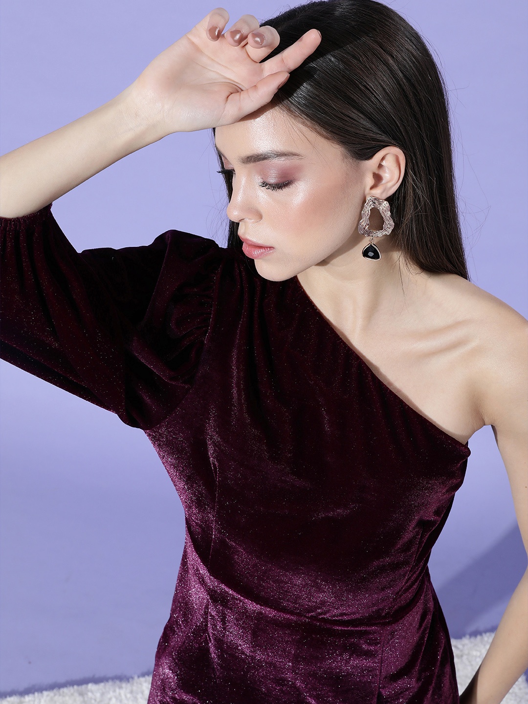 

Marie Claire Women Deep Burgundy Solid One-Shoulder Dress