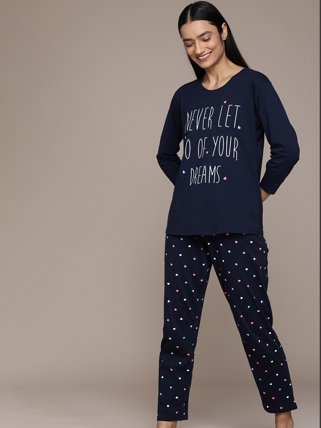 

beebelle Women Navy Blue Cotton Typography Print Pyjama Set
