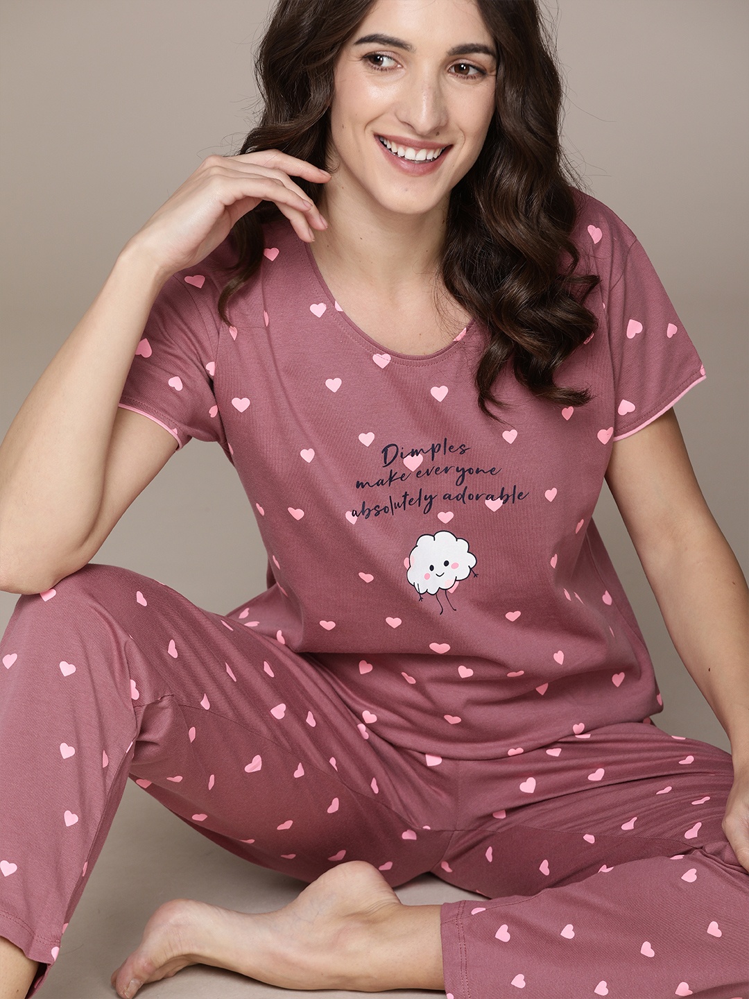 

beebelle Women Dusty Pink Conversational Printed Pure Cotton Night suit