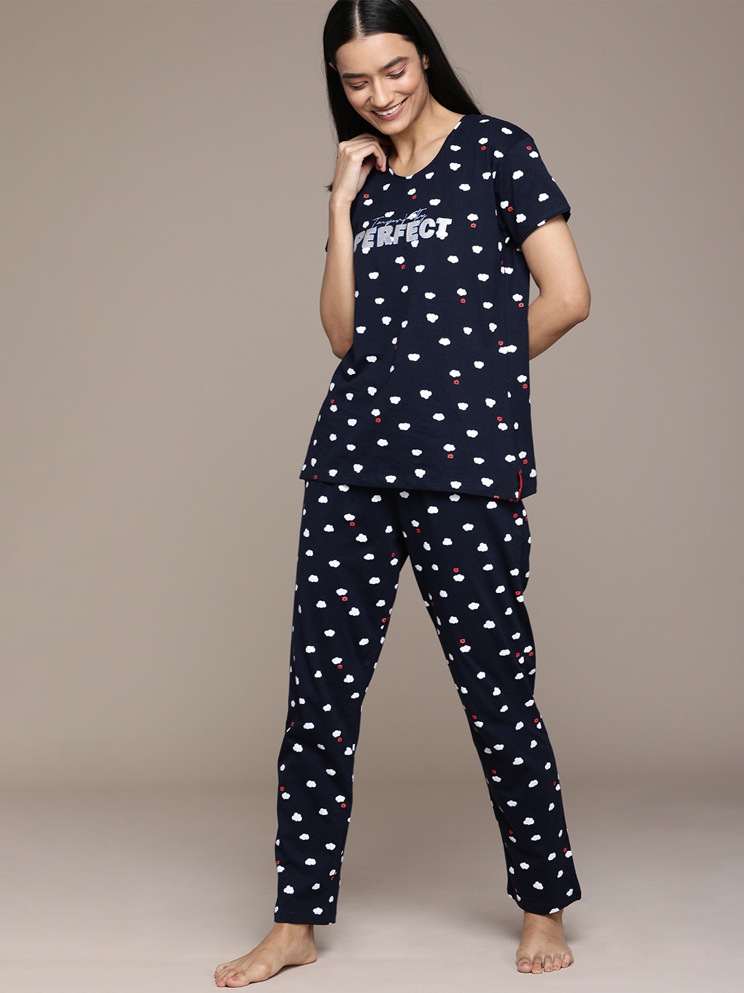 

beebelle Women Navy Blue Cloud Print Pure Cotton Night suit