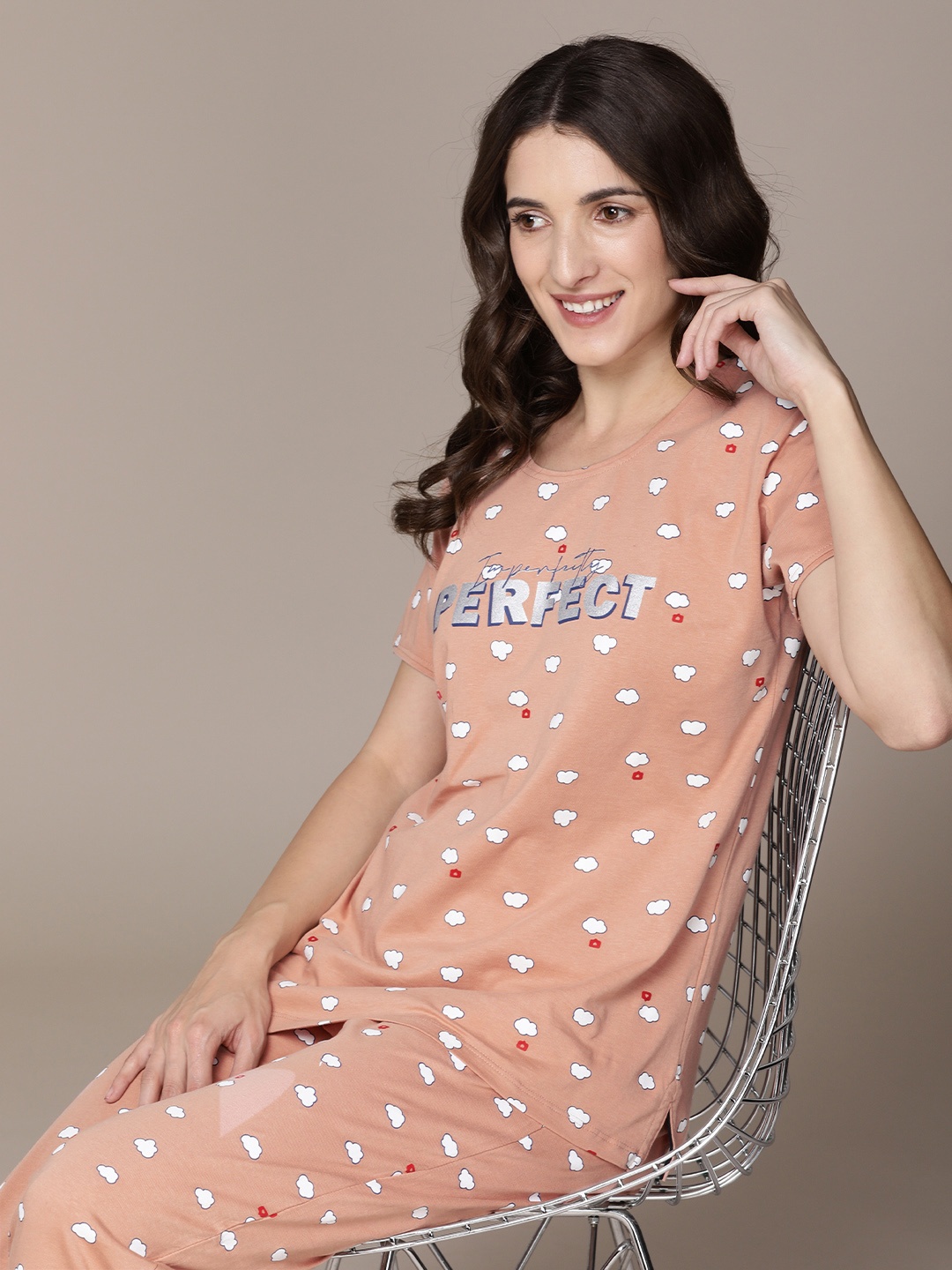

beebelle Women Brown & White Printed Night suit