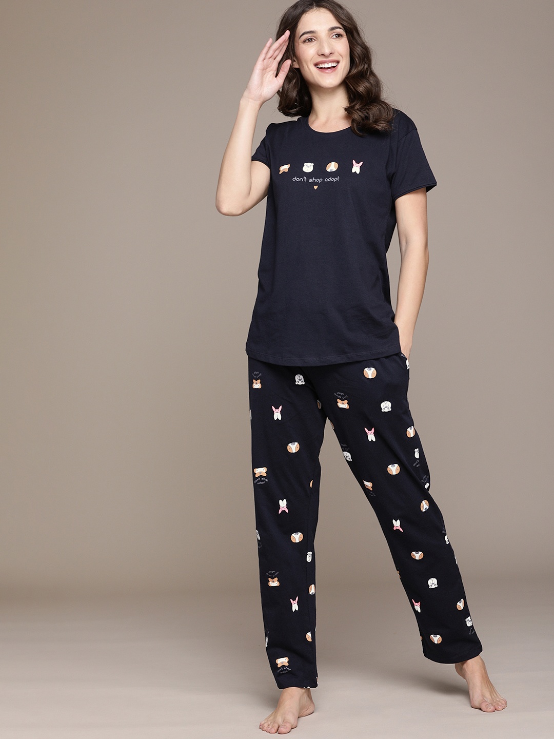 

beebelle Women Navy Blue & White Printed Night suit