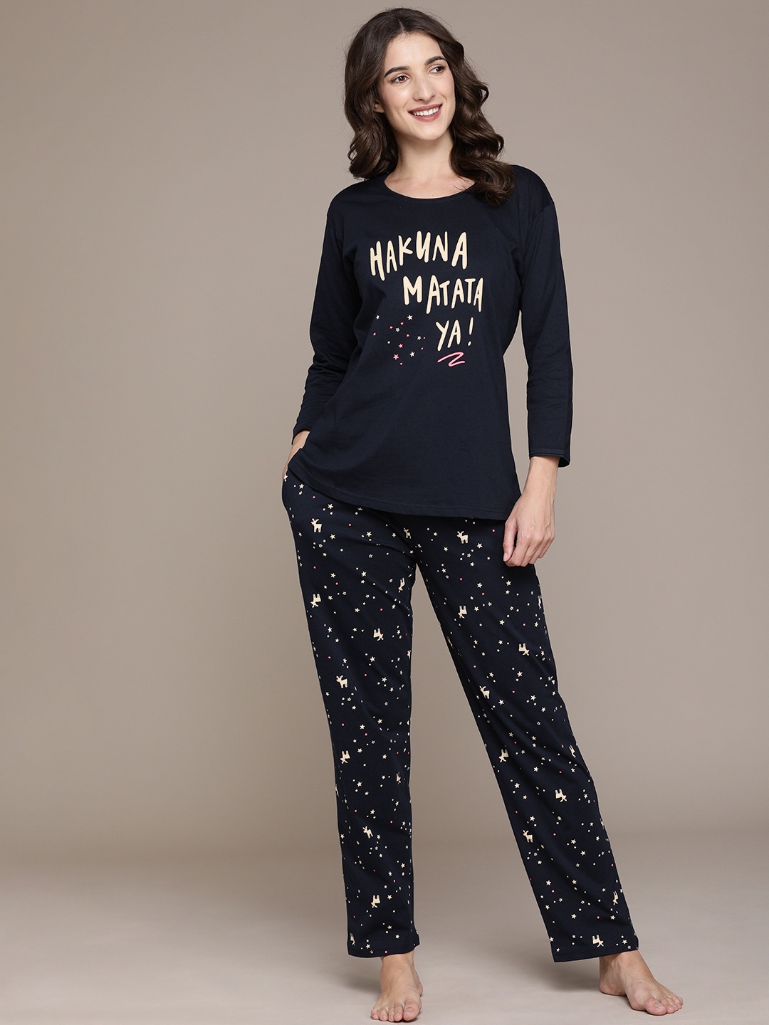 

beebelle Women Navy Blue Printed Night suit