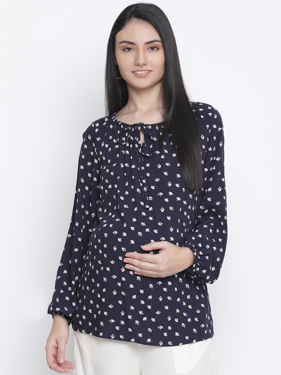

Oxolloxo Woman Navy Blue Print Tie-Up Neck Maternity Top