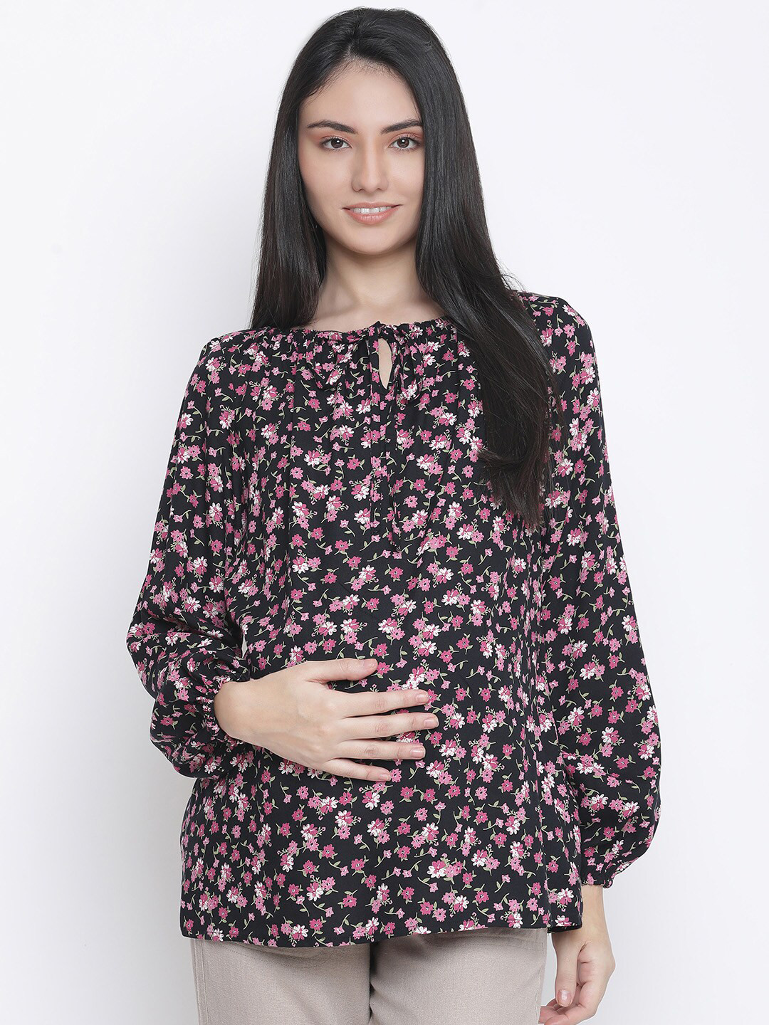 

Oxolloxo Black Floral Print Tie-Up Neck Top