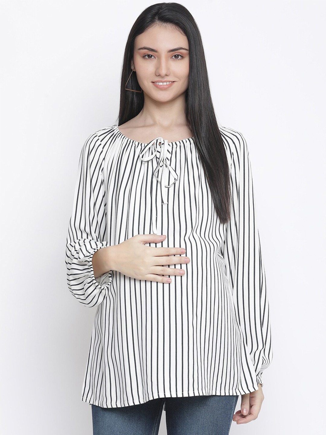 

Oxolloxo White Striped Tie-Up Neck Longline Maternity Top