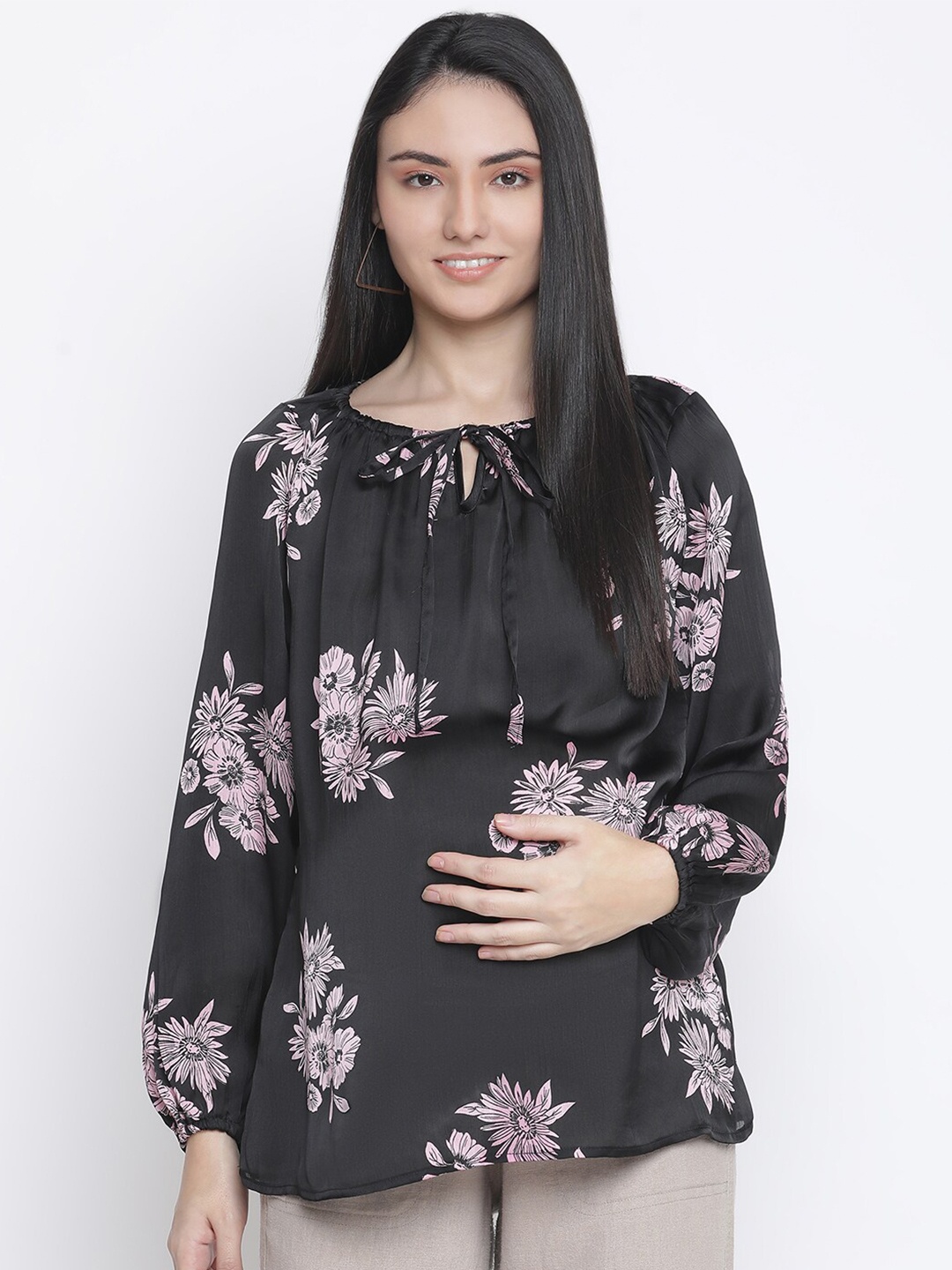 

Oxolloxo Black & Pink Floral Printed Tie-Up Neck Maternity Top