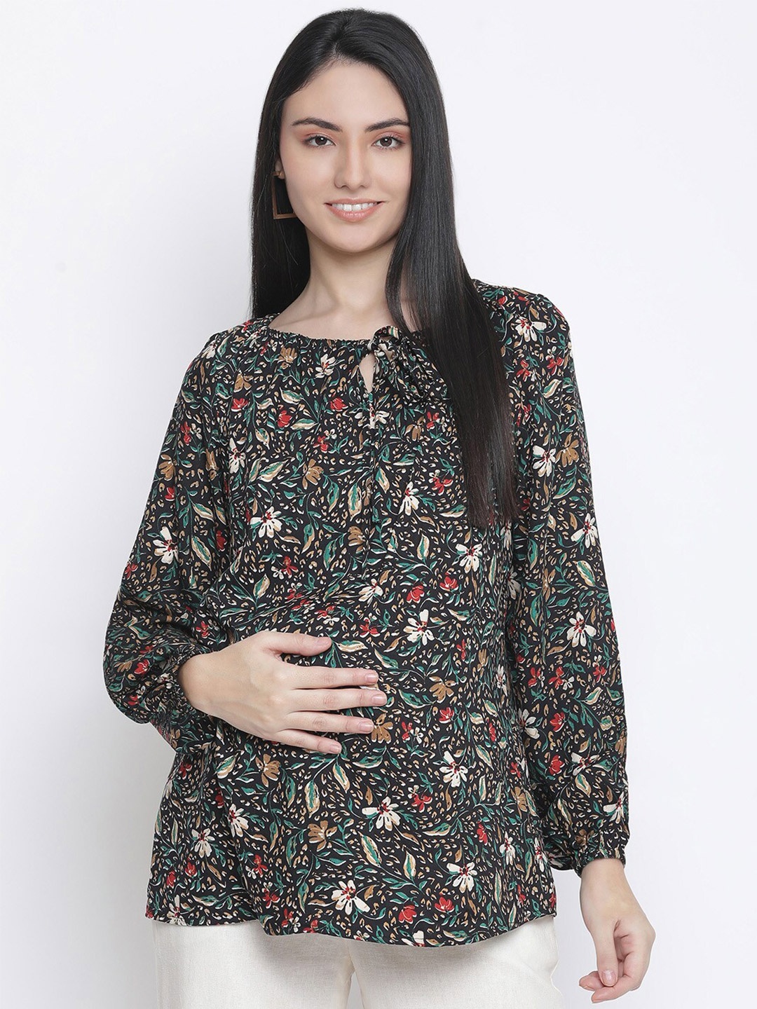 

Oxolloxo Black & Green Floral Printed Tie-Up Neck Maternity Top