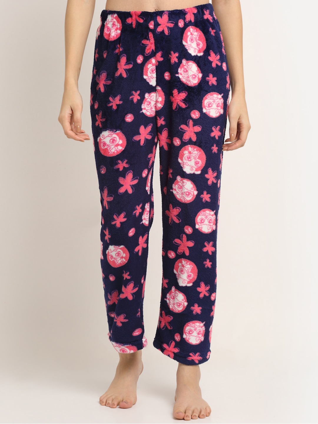 

NEUDIS Women Navy Blue & Pink Printed Warm Fleece Lounge Pants