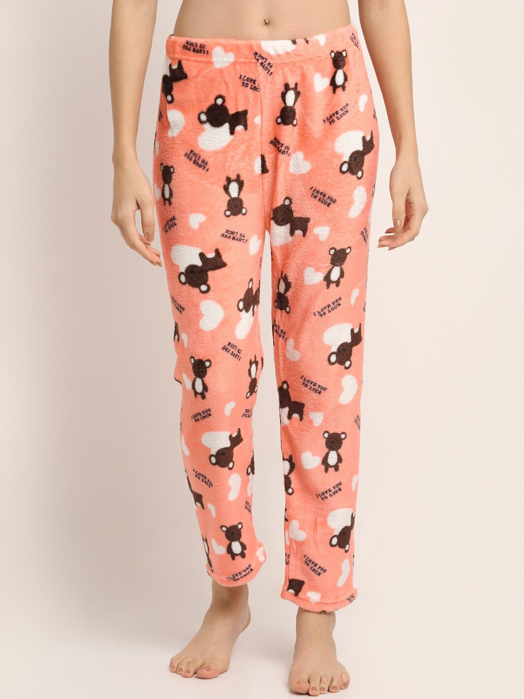 

NEUDIS Women Peach-Coloured & Black Printed Warm Fleece Lounge Pants