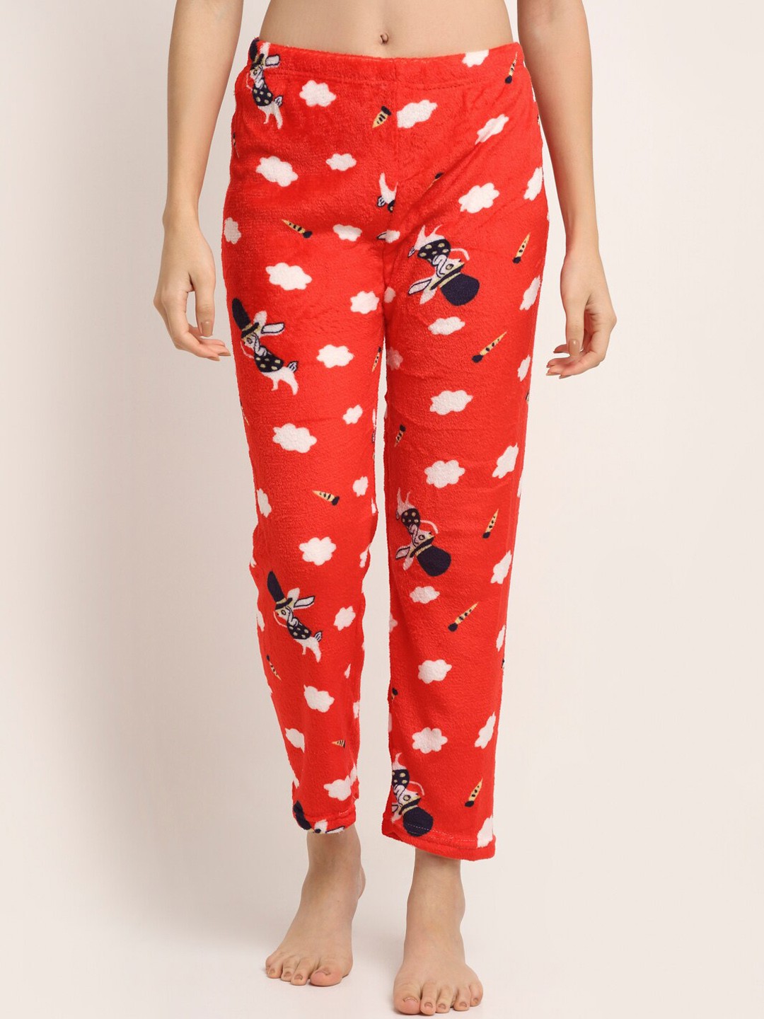 

NEUDIS Women Red & White Printed Warm Fleece Lounge Pants