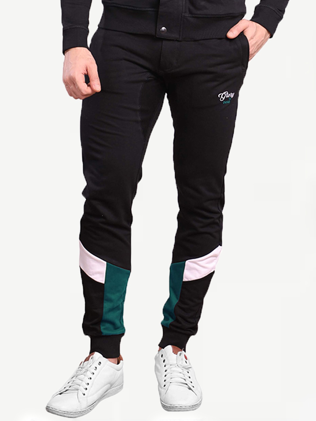 

Dream of Glory Inc Men Black & Teal Green Colourblocked Joggers