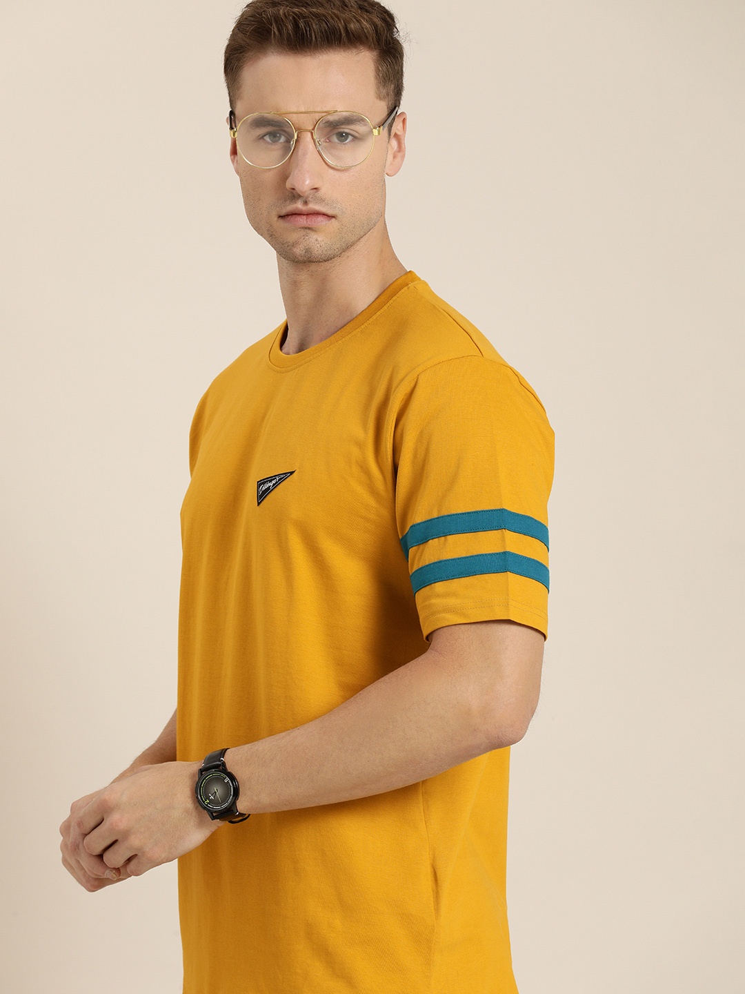 

DILLINGER Men Mustard Yellow Solid Pure Cotton OversizedT-shirt with Striped Sleeves