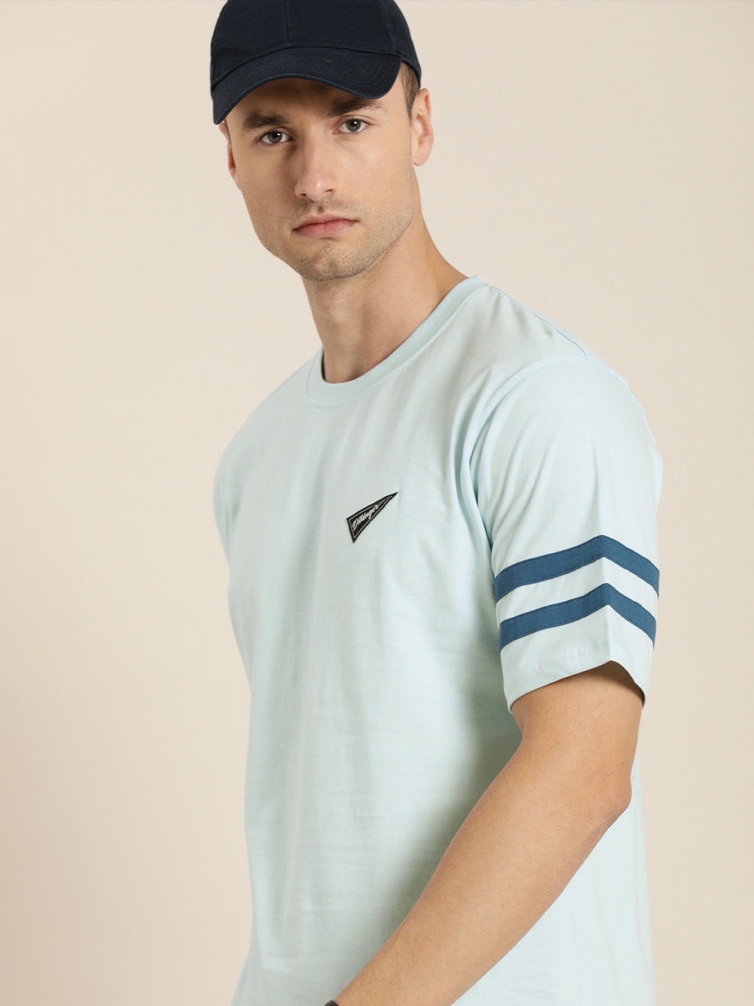 

DILLINGER Men Blue Solid Pure Cotton Loose T-shirt with Striped Sleeves