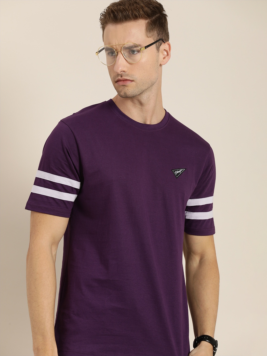 

DILLINGER Men Purple Solid Pure Cotton Loose T-shirt with Striped Sleeves