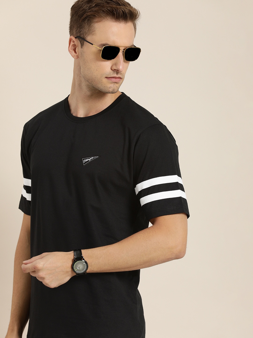 

DILLINGER Men Black Solid Pure Cotton Loose T-shirt with Striped Sleeves