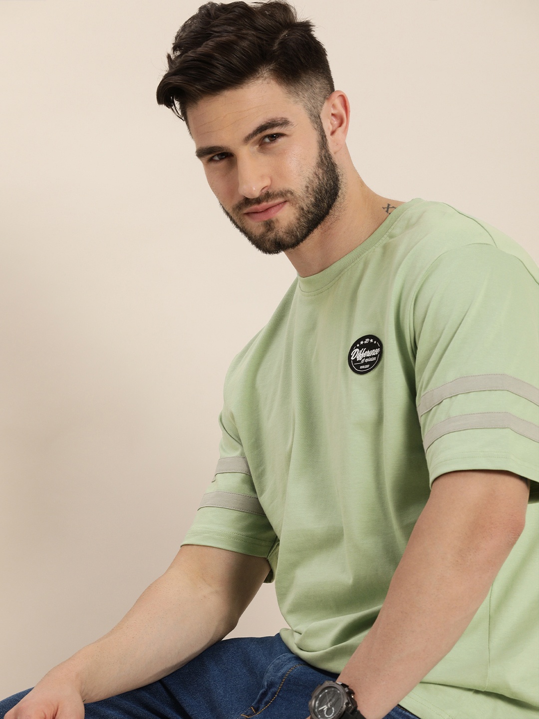 

Difference of Opinion Men Mint Green Round Neck Drop-Shoulder Sleeves Cotton Loose T-shirt