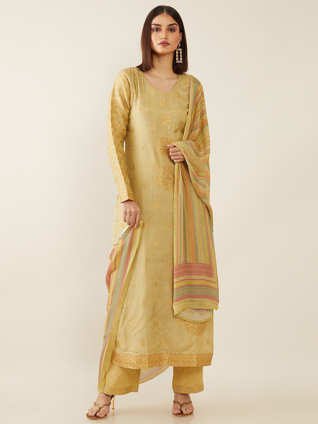 

Soch Gold-Toned & Pink Embellished Unstitched Dress Material