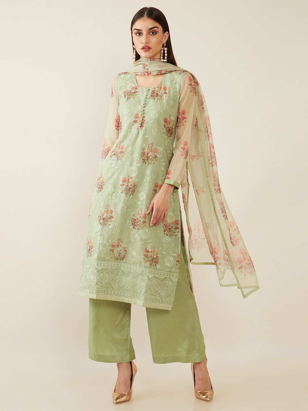 

Soch Green & Red Embroidered Organza Unstitched Dress Material With Dupatta