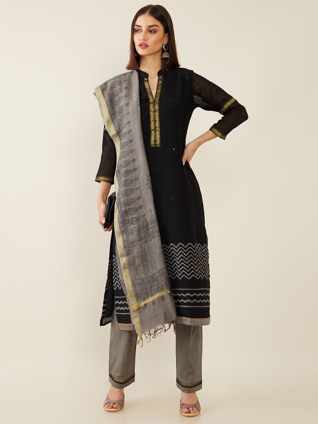 

Soch Black & Grey Printed Unstitched Dress Material