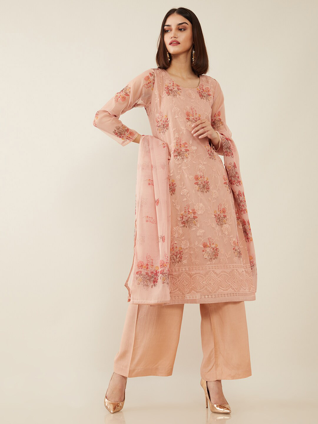 

Soch Pink & Brown Embroidered Organza Unstitched Dress Material