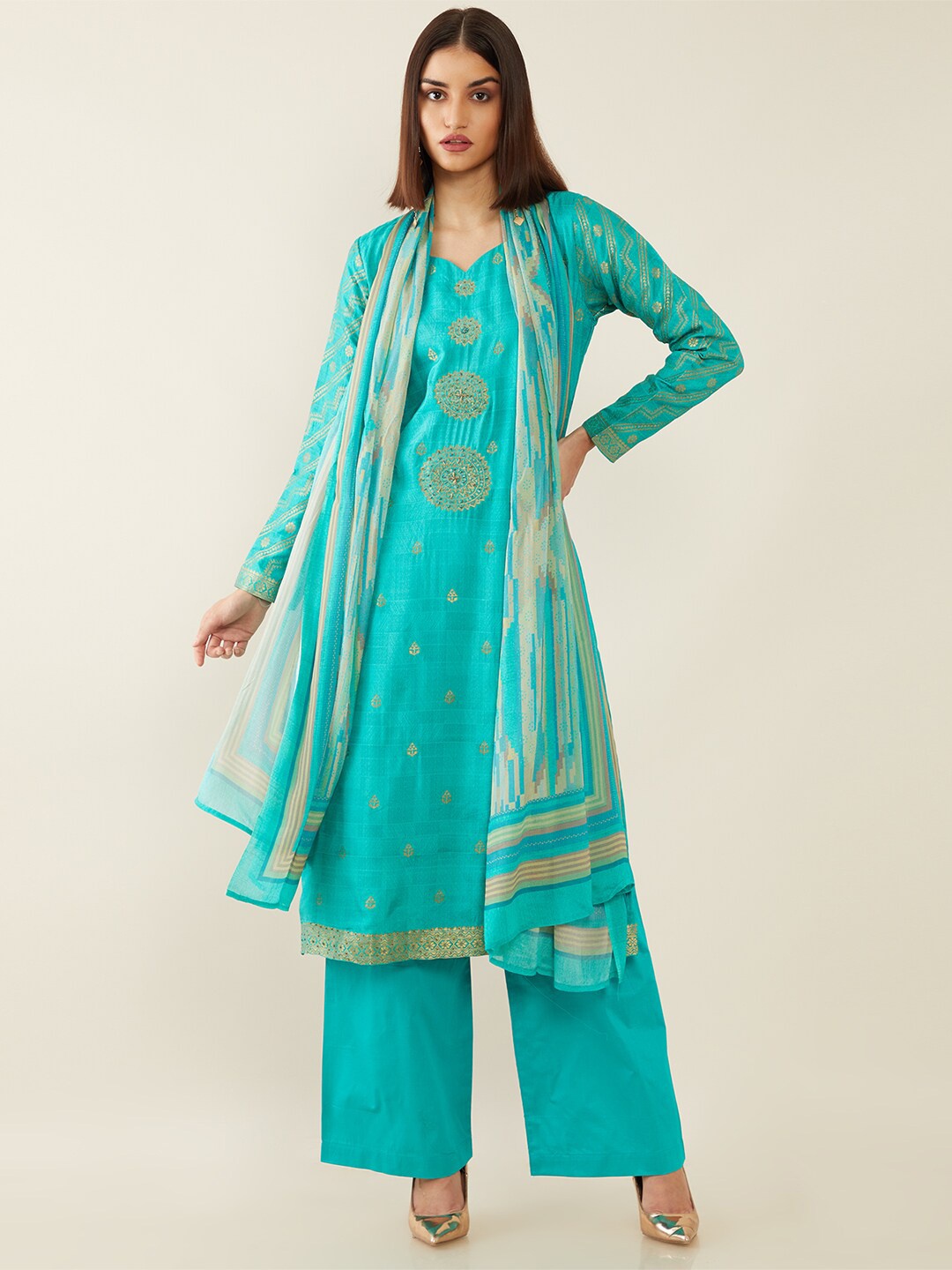 

Soch Women Teal Green Embroidered Unstitched Dress Material