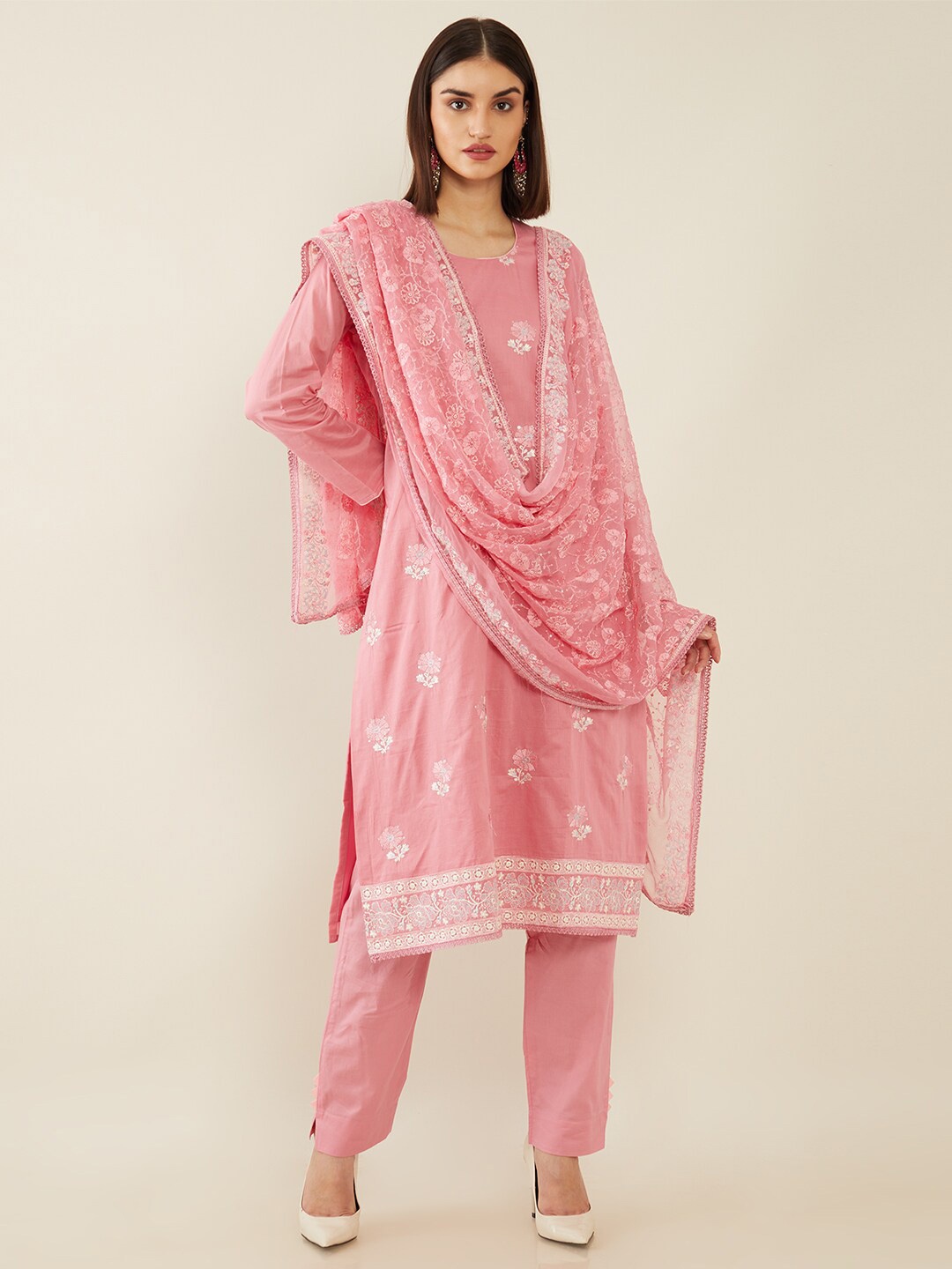 

Soch Pink & White Embroidered Pure Cotton Unstitched Dress Material