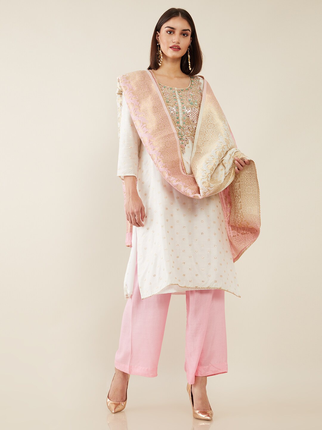 

Soch Cream-Coloured & Pink Unstitched Dress Material