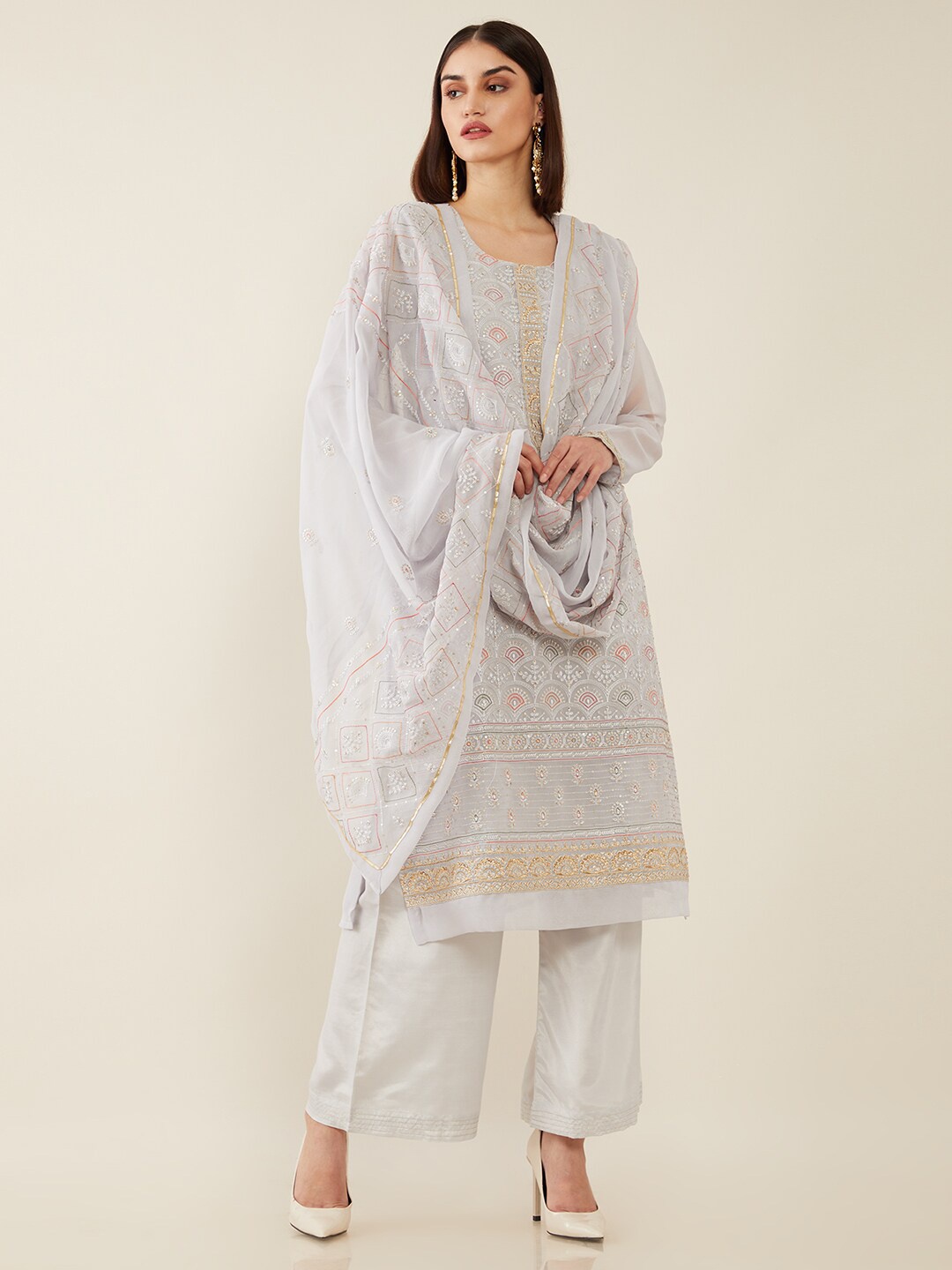 

Soch Grey & Gold-Toned Embroidered Unstitched Dress Material