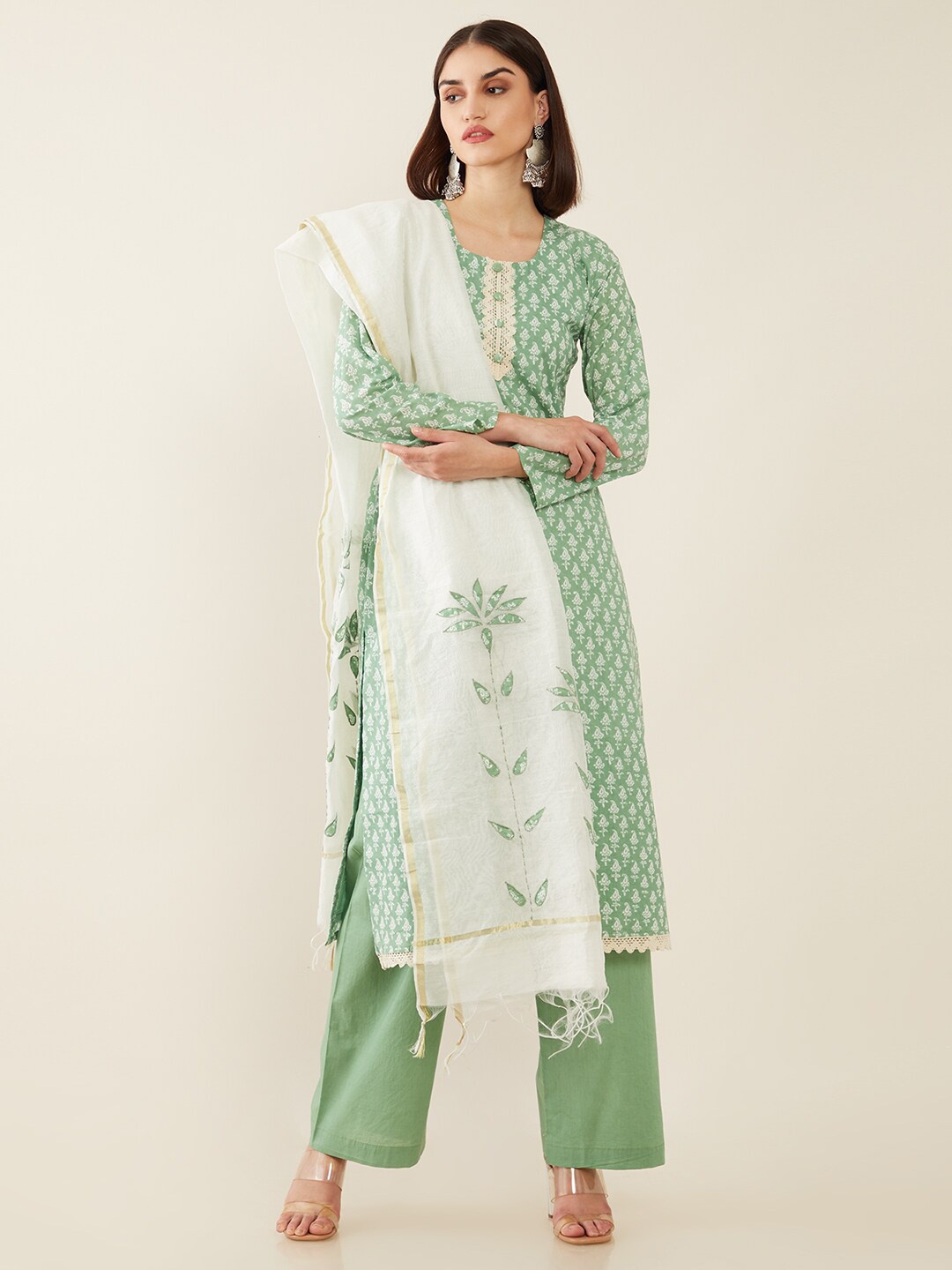 

Soch Green & White Printed Pure Cotton Unstitched Dress Material