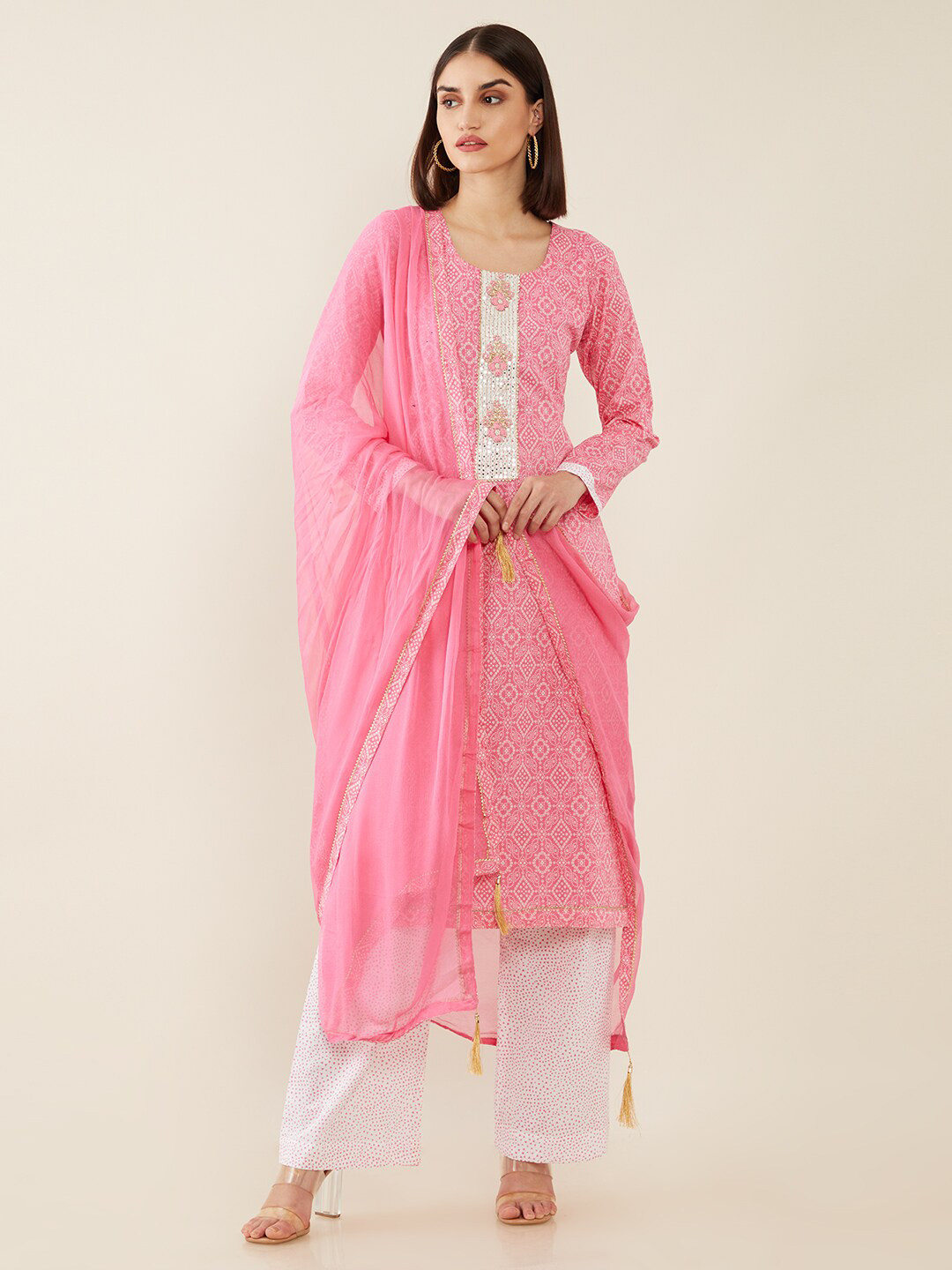 

Soch Pink & White Printed Pure Cotton Unstitched Dress Material