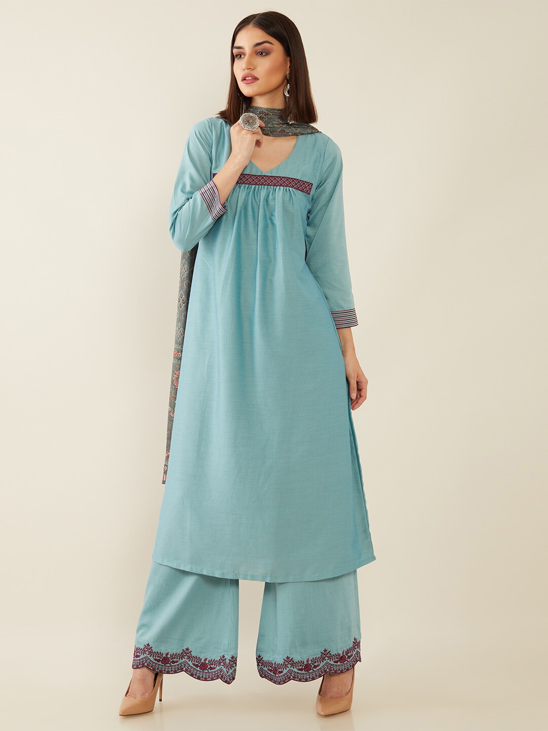 

Soch Turquoise Blue & Green Embroidered Unstitched Dress Material With Dupatta