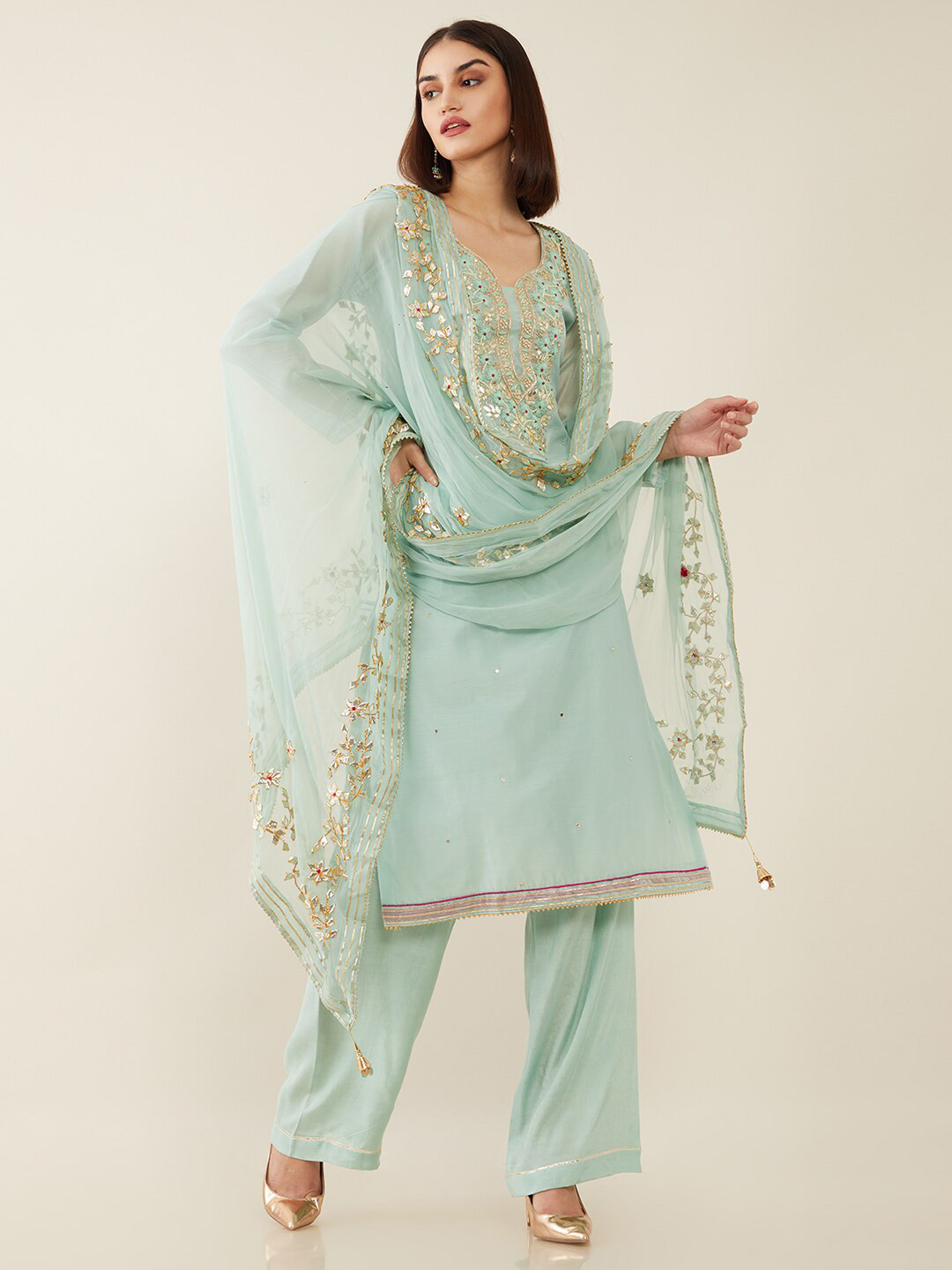 

Soch Sea Green & Gold-Toned Embellished Unstitched Dress Material