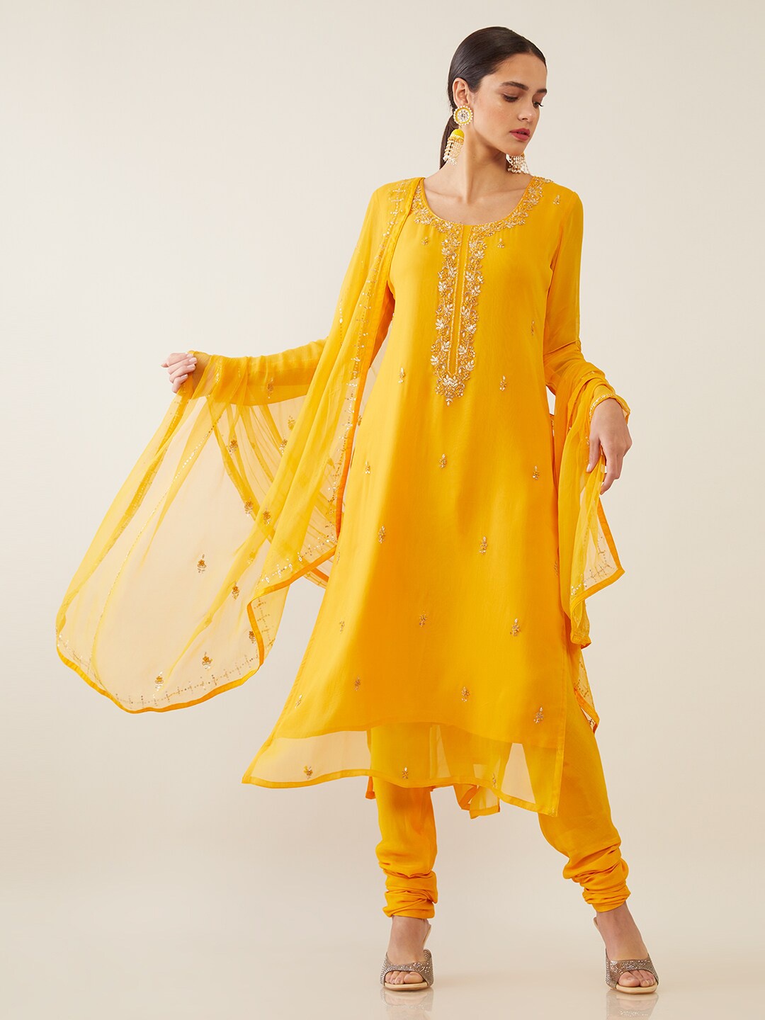 

Soch Women Mustard Yellow Hand Embroidered Georgette Unstitched Dress Material