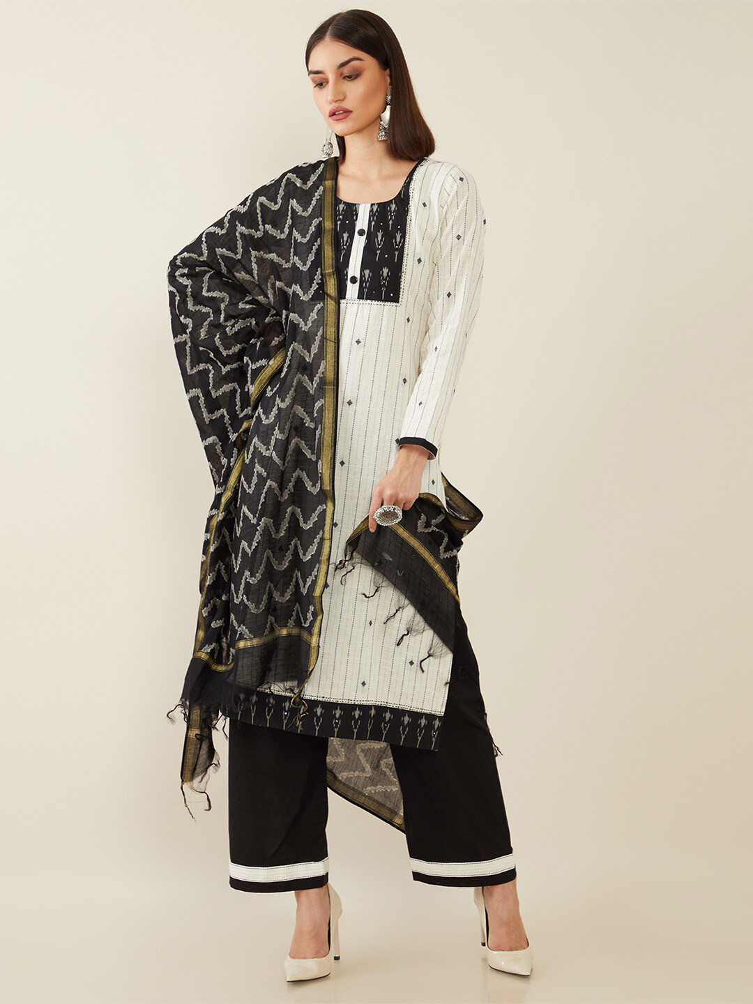 

Soch Off White & Black Printed Pure Cotton Unstitched Dress Material