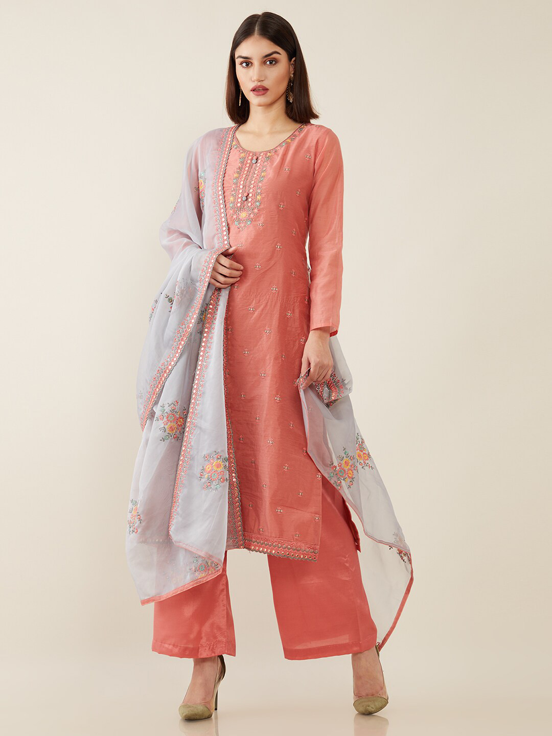 

Soch Coral & Grey Embroidered Unstitched Dress Material