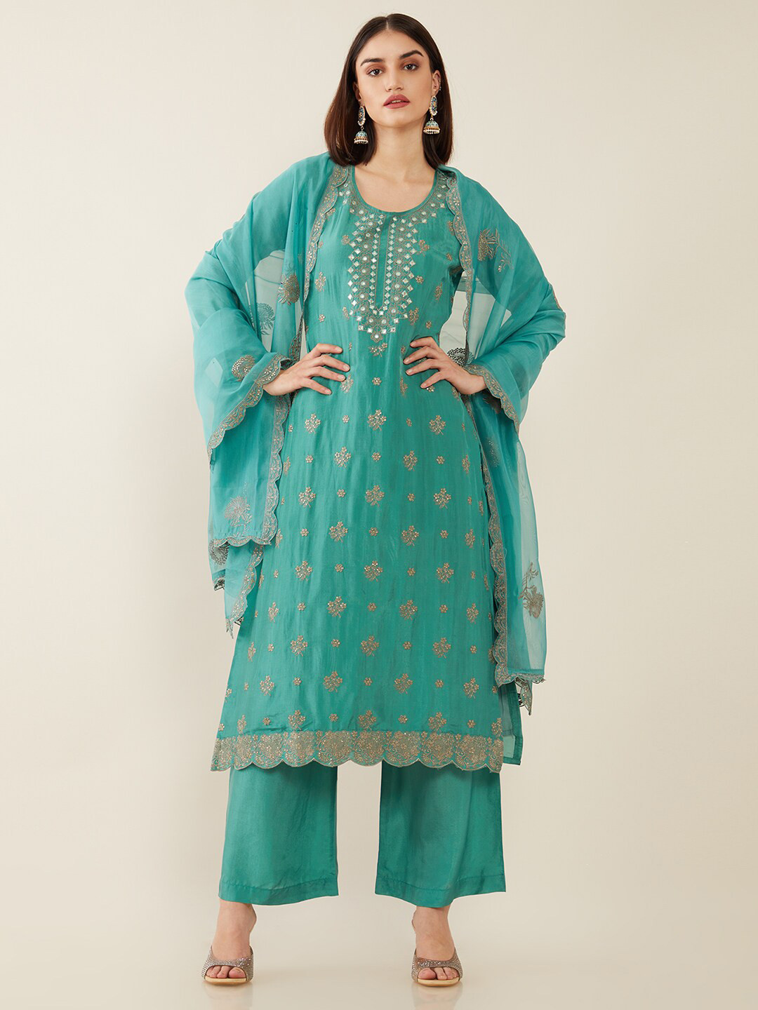 

Soch Teal & Gold-Toned Embroidered Unstitched Dress Material