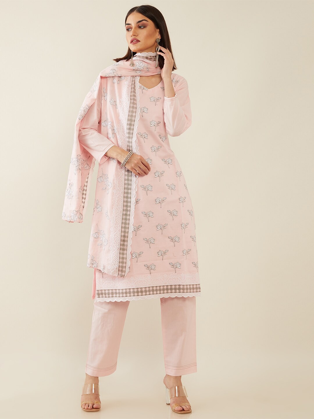 

Soch Pink & White Embroidered Pure Cotton Unstitched Dress Material