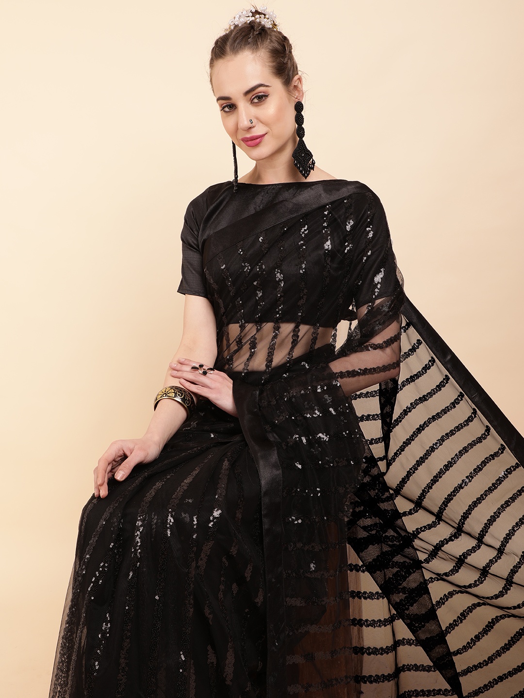 

Sangria Striped Sequinned Net Saree, Black