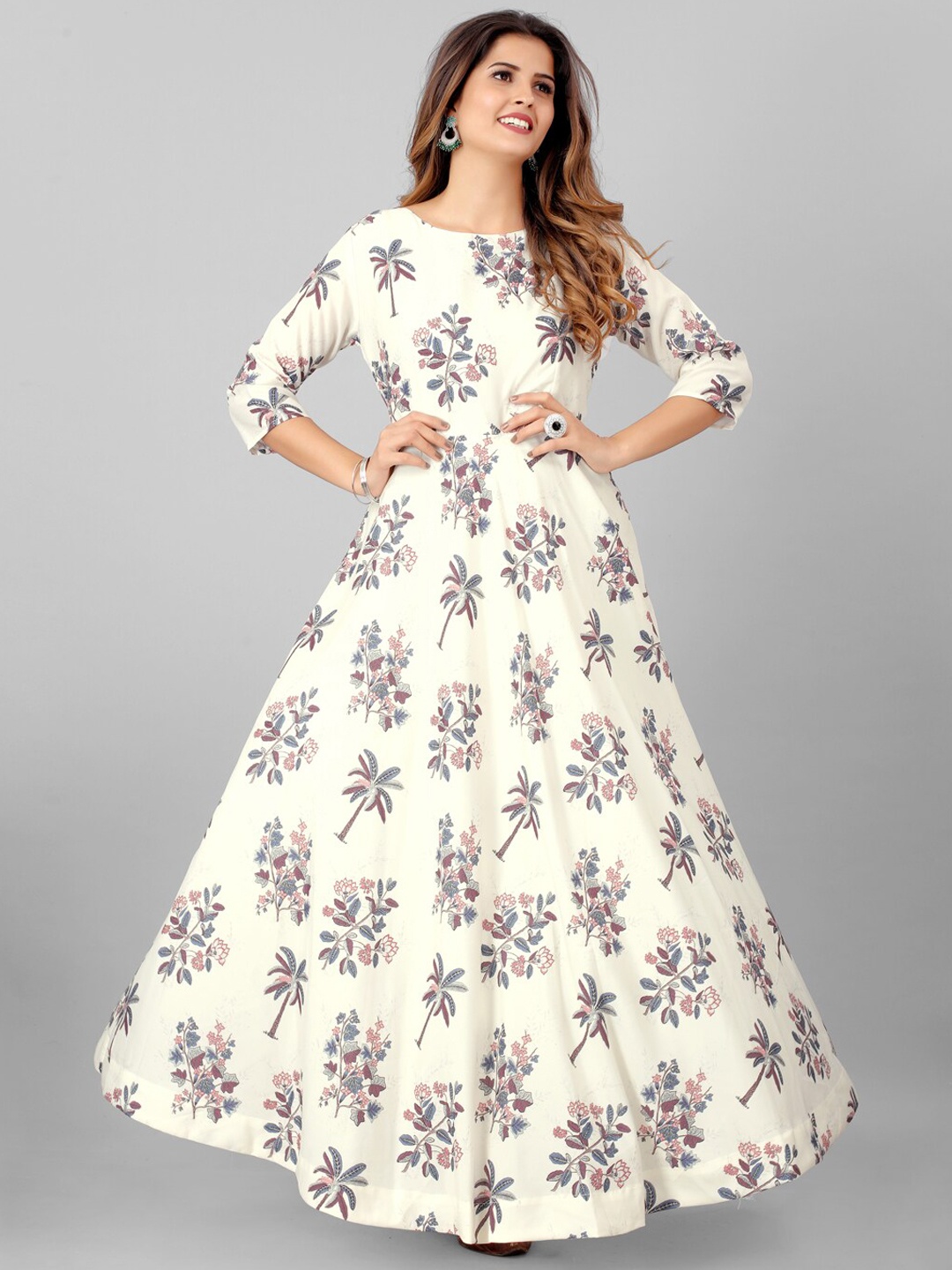 

SHOPGARB Women White & Grey Floral Boat Neck Art Silk Anarkali Kurta