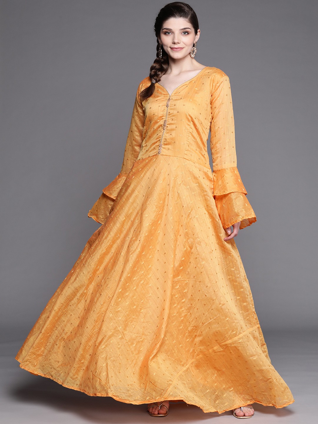 

Chhabra 555 Mustard Yellow Made to Measure Chanderi Flared Maxi Gown with Zari