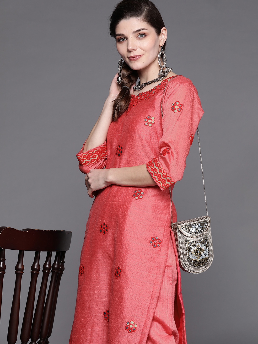 

Chhabra 555 Women Coral Red Floral Embroidered Gotta patti & Mirror Work Kurta Set