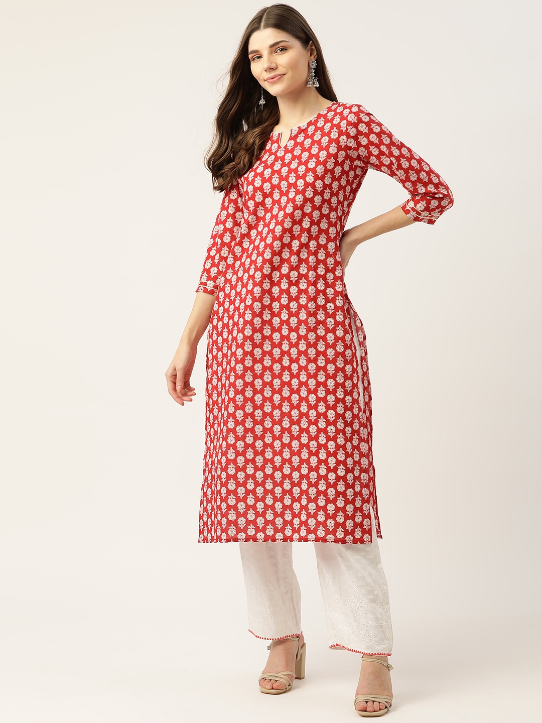 

Maaesa Women Red & White Floral Printed Keyhole Neck Gotta Patti Floral Kurta