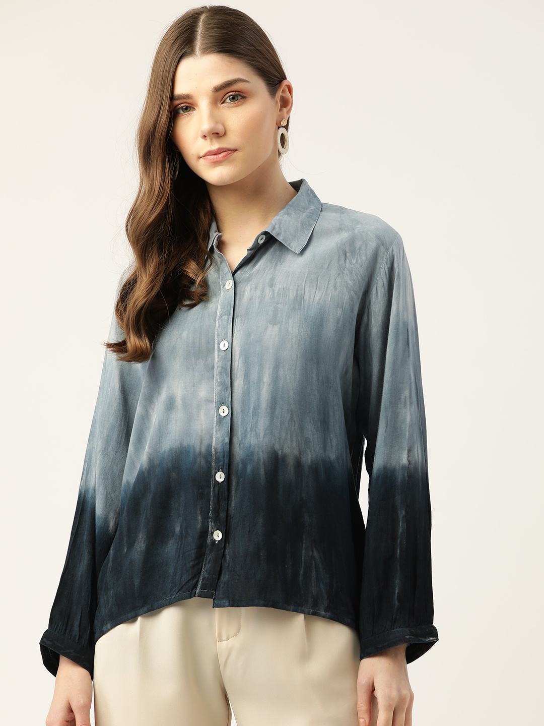 

Maaesa Blue Tie and Dye Shirt Style Longline Top