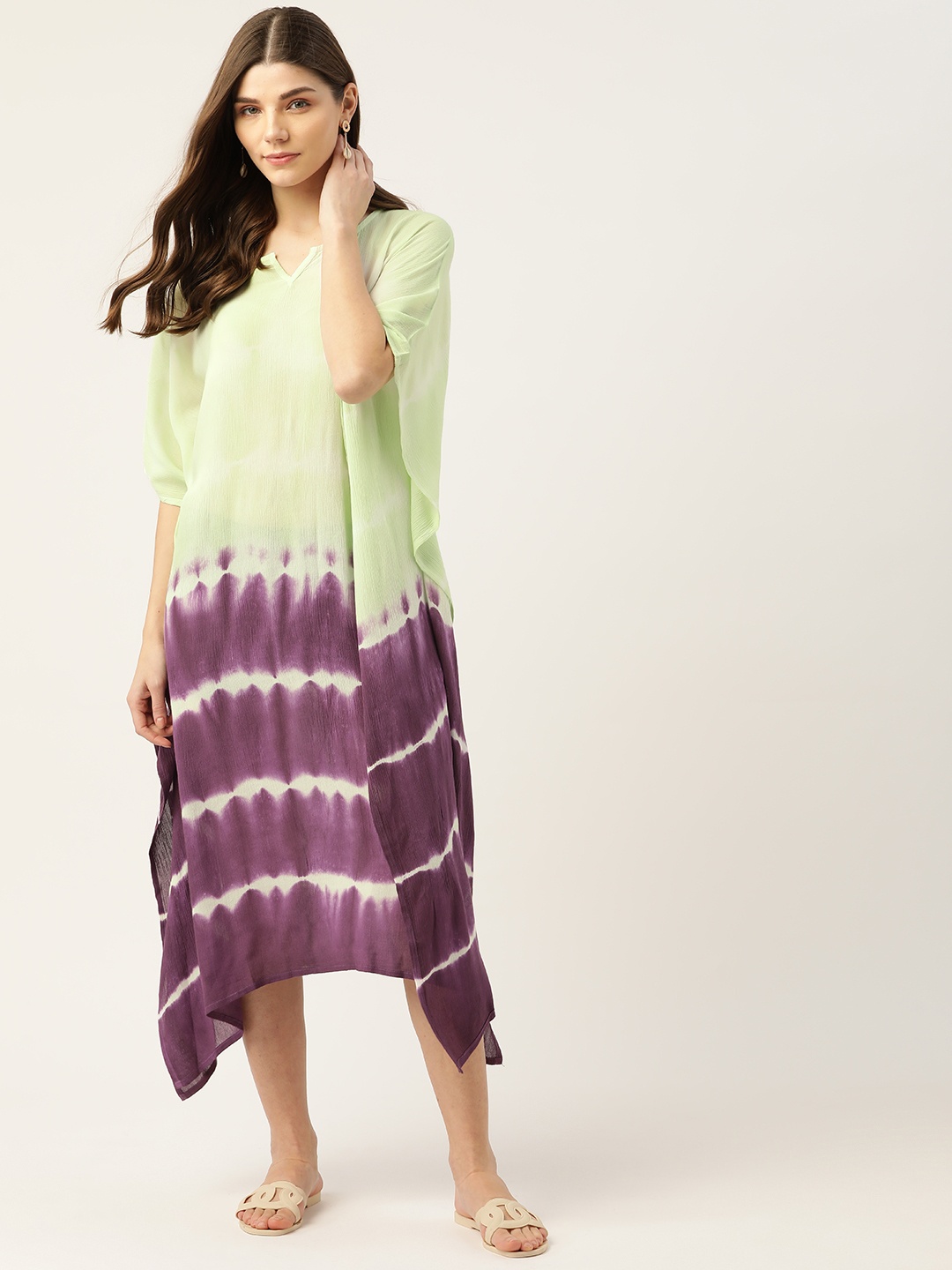 

Maaesa Green & Purple Dyed Crepe Kaftan Midi Dress