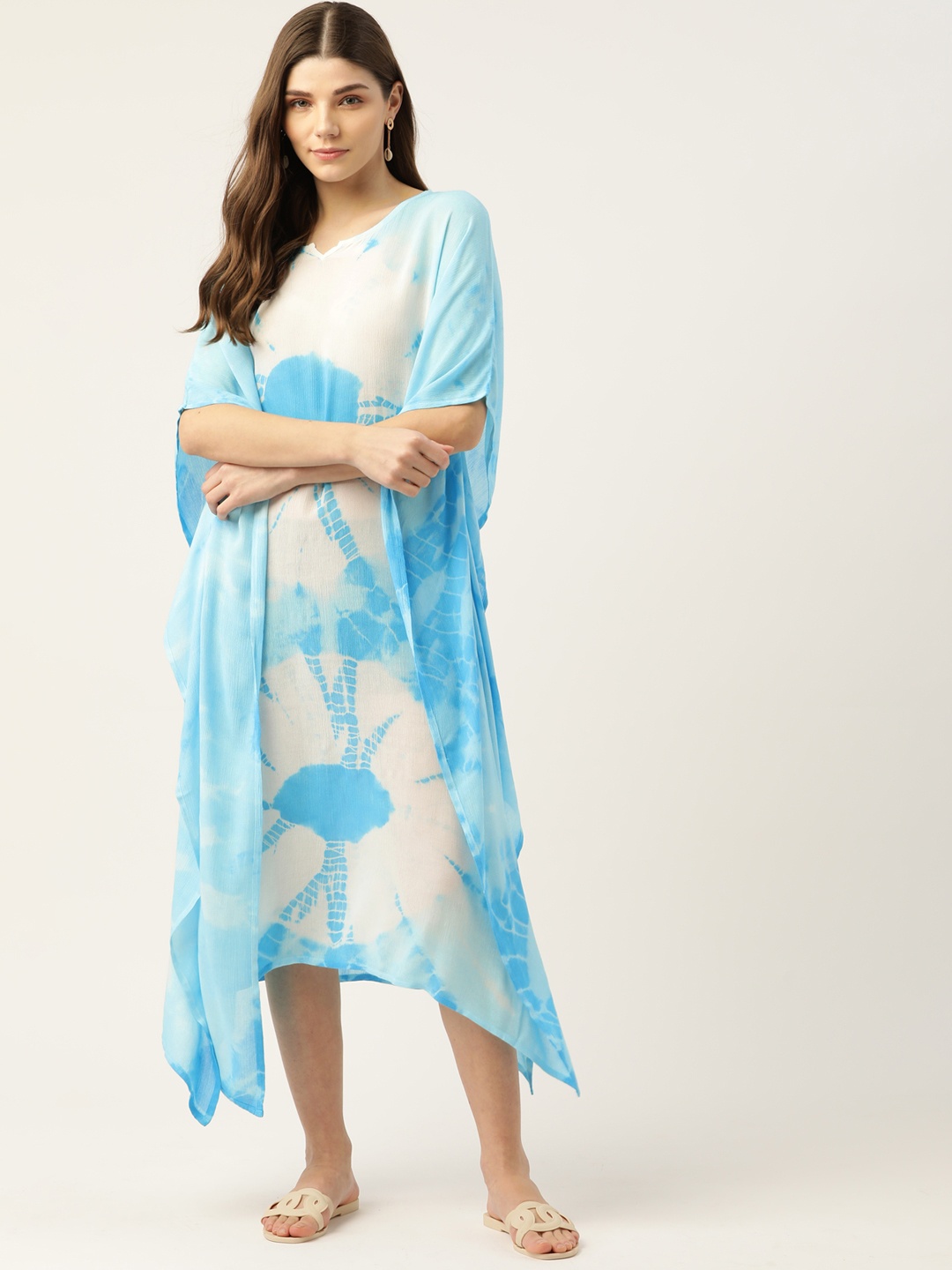 

Maaesa White & Blue Dyed Crepe Kaftan Midi Dress