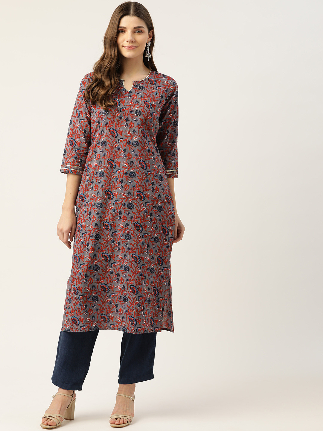 

Maaesa Women Grey & Red Floral Printed Keyhole Neck Floral Kurta