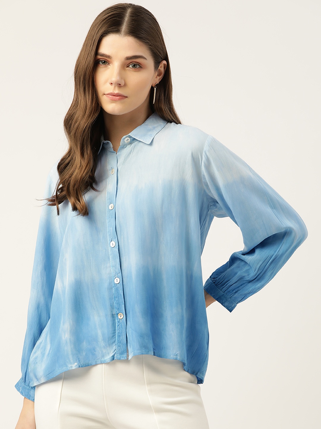 

Maaesa Blue Tie and Dye Shirt Style Top